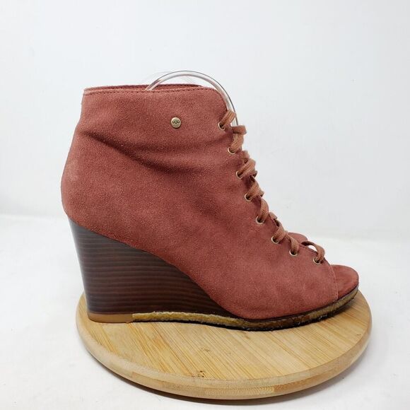 UGG Booties Women 9 Maroon Suede Lace Up Peep Toe High Wedge Elyse Sandal Shoes - Picture 8 of 12